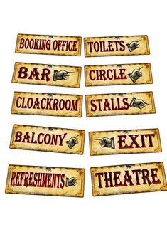 six old fashioned bathroom signs on white background