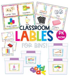 classroom labels for bins with letters, numbers and shapes to match the letter's