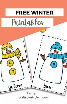 two snowmen with hats and scarfs are shown in this free winter printable