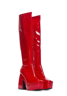 cuz which to follow? These boots have a patent vegan leather construction, platform soles, block heels, and side zipper closures. Heart Platform Boots, Red Platform Boots, Red Heel Boots, Heart Platforms, Red Platform Heels, Red Leather Boots, Goth Boots, Red Platform, Platform Heels Boots