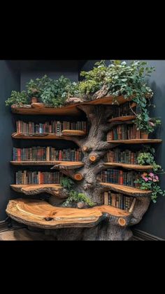 a tree stump with bookshelves and plants growing out of it's sides