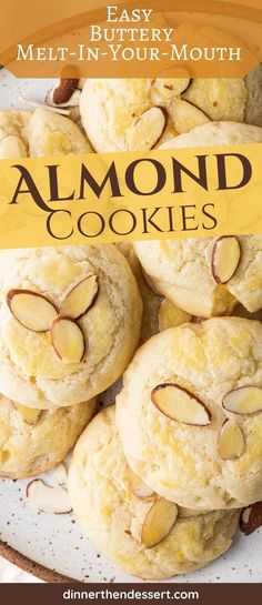 almond cookies on a plate with text overlay