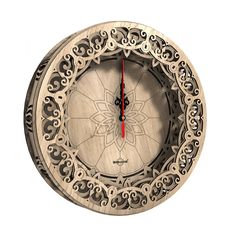 an intricate wooden clock with red hands on a white background