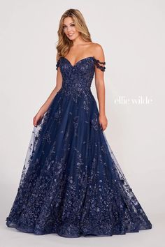 Prom Dresses Glittered Long  A Line Formal Prom Dress Navy Blue Floral Ballgown, Horsehair Hem, Ellie Wilde Prom Dresses, Ballgown Skirt, Flowers Glitter, Black Ruby, Designer Formal Dresses, Ellie Wilde