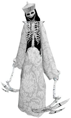 a skeleton in a white dress and hat with skis on it's feet