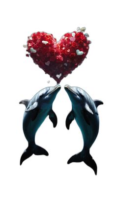 two dolphins with hearts floating out of them's mouths in front of a white background