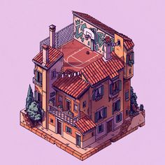 an illustration of a house with a tennis court on the roof