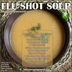 a close up of a bowl of soup with information about the ingredients and instructions to make it