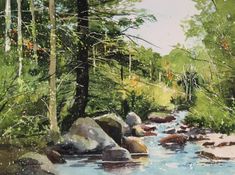 a watercolor painting of a stream in the woods with rocks and trees on either side