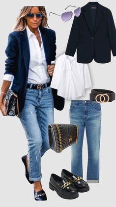 Business Casual Blue Jeans, Penny Loafer Outfits Women Fall, Early Fall Jeans Outfits, Blazer And Tee Shirt Outfit Women, Edgy Fashion For Over 50, Outfits With Denim Vests For Women, J Crew Lady Jacket Outfit, Fall Styles For Women Over 40, Snappy Casual Outfits For Women