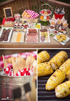 an outdoor bbq with corn, sausages and other foods