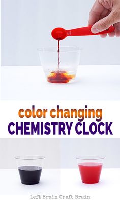 a person is pouring colored liquid into a bowl with a red spoon in it and the words, color changing chemistry clock