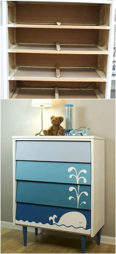 an old dresser has been painted blue and white with a whale design on the bottom