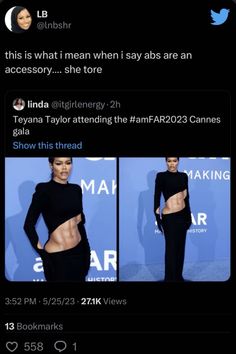 an image of a woman in black dress with her stomach exposed and the caption that says