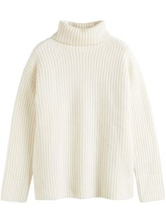 cream white cashmere ribbed knit roll neck long sleeves short side slits straight hem Knitted Sweaters White, Cream Cashmere Sweater Outfit, Farfetch Sweater, White Fluffy Sweater, Chunky White Sweater, White Turtle Neck Sweater, Cashmere Sweater Outfit, White Fuzzy Sweater, Neutral Knitwear