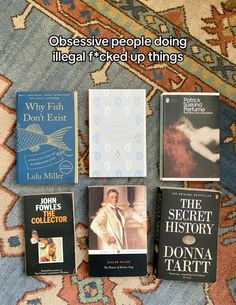 there are five different books on the carpet