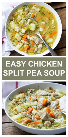 two pictures with different types of soup in them and the words, easy chicken split pea soup