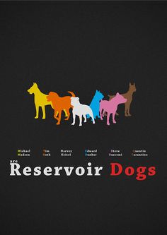 the silhouettes of four dogs in different colors are shown on a black background with red, yellow, and blue lettering