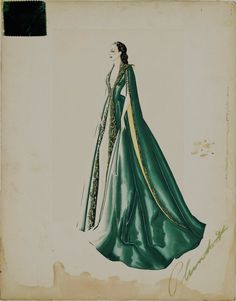 a drawing of a woman in a green dress with gold trimmings on it