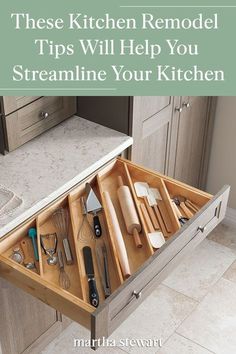 a kitchen drawer with utensils in it and the words, these kitchen remodel tips will help you streamline your kitchen