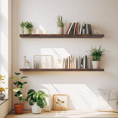 two wooden shelves with plants and books on them