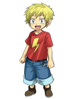 an anime character in red shirt and blue shorts with yellow lightning bolt on his chest