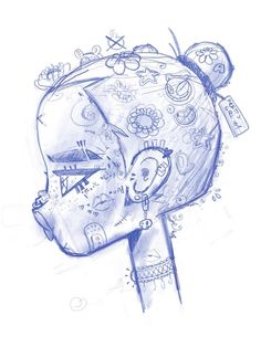 a drawing of a head with many things on it