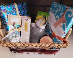 a basket filled with lots of items on top of a table