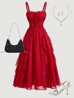 Rojo Casual Collar sin mangas Chifón Liso Tirantes Embellished No-Elástico Long Simple Dress, Junior Bride Dresses, Red Dresses For Kids, Grade 8 Grad Dresses, Red Long Dress, Red Chiffon Dress, Elegant Red Dress, Cute Red Dresses, Chiffon Long Dress