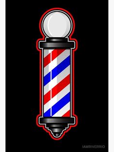 a red, white and blue barber pole with a light on it's side