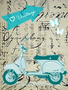 a blue scooter is parked in front of an old sheet music with butterflies