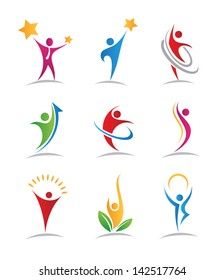 colorful abstract people logo set with stars and sun in the middle, on white background