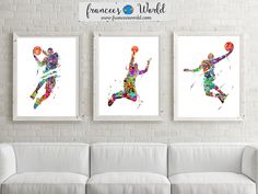 three watercolor paintings of people playing basketball in a living room with white couches