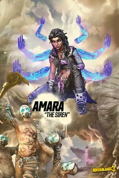 an advertisement for the game amara, featuring two women and one man in armor