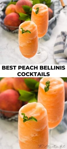 peach bellini recipe in two glasses with basil garnish on the rims