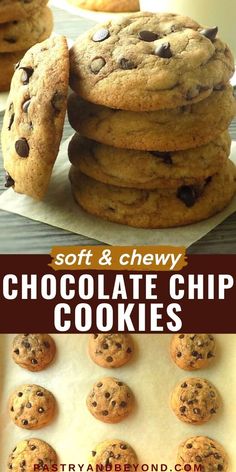 soft and chewy chocolate chip cookies are stacked on top of each other