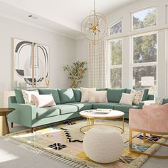 a living room filled with lots of furniture next to a large window on top of a rug