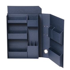 an open blue box with compartments and dividers