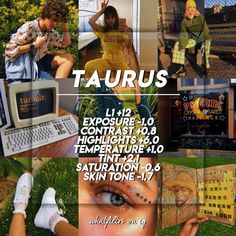 a collage of photos with the words taurus written in different languages and pictures