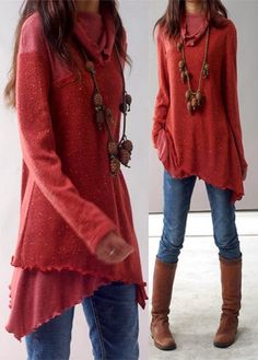 Asymmetric Hem Cowl Neck Long Sleeve Red Blouse  on sale only US$34.42 now, buy cheap Asymmetric Hem Cowl Neck Long Sleeve Red Blouse  at lulugal.com Boho Mode, Asymmetrical Blouse, Mode Boho, Cowl Neck Long Sleeve, Skirt Maxi, Red Top, Red Blouses, Trendy Tops