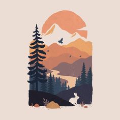 an image of a deer in the woods with mountains and birds flying over it at sunset