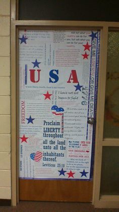 a door with the words usa written on it and red, white, and blue stars