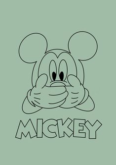 mickey mouse face with the word mickey in black and white on a light green background