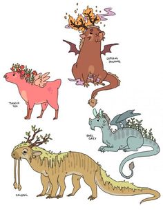 four different types of dinosaurs with flowers on their heads and arms, all in different colors