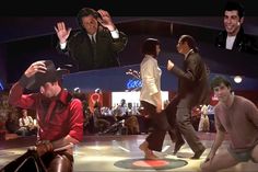 a collage of people dancing in the middle of a dance floor with one man wearing a suit and tie