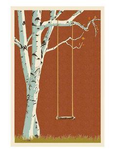 a tree with a swing hanging from it's branches in front of a brown background