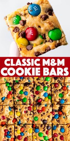 m & m cookie bars with m & m candies on top and m & m cookies in the middle