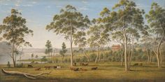 a painting of cattle grazing in a wooded area