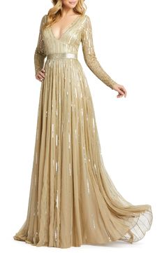 Women's MAC Duggal Long Sleeve Sequin & Bead Stripe Gown, Size 14 - Beige Gold Gowns, Golden Dresses, Mesh Gown, Beads Style, Estilo Real, Look Formal, Golden Goddess, Gown Style, Mac Duggal Dresses