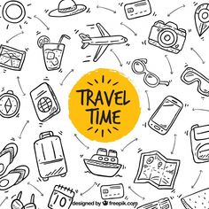 the words travel time surrounded by hand drawn doodles and icons on a white background